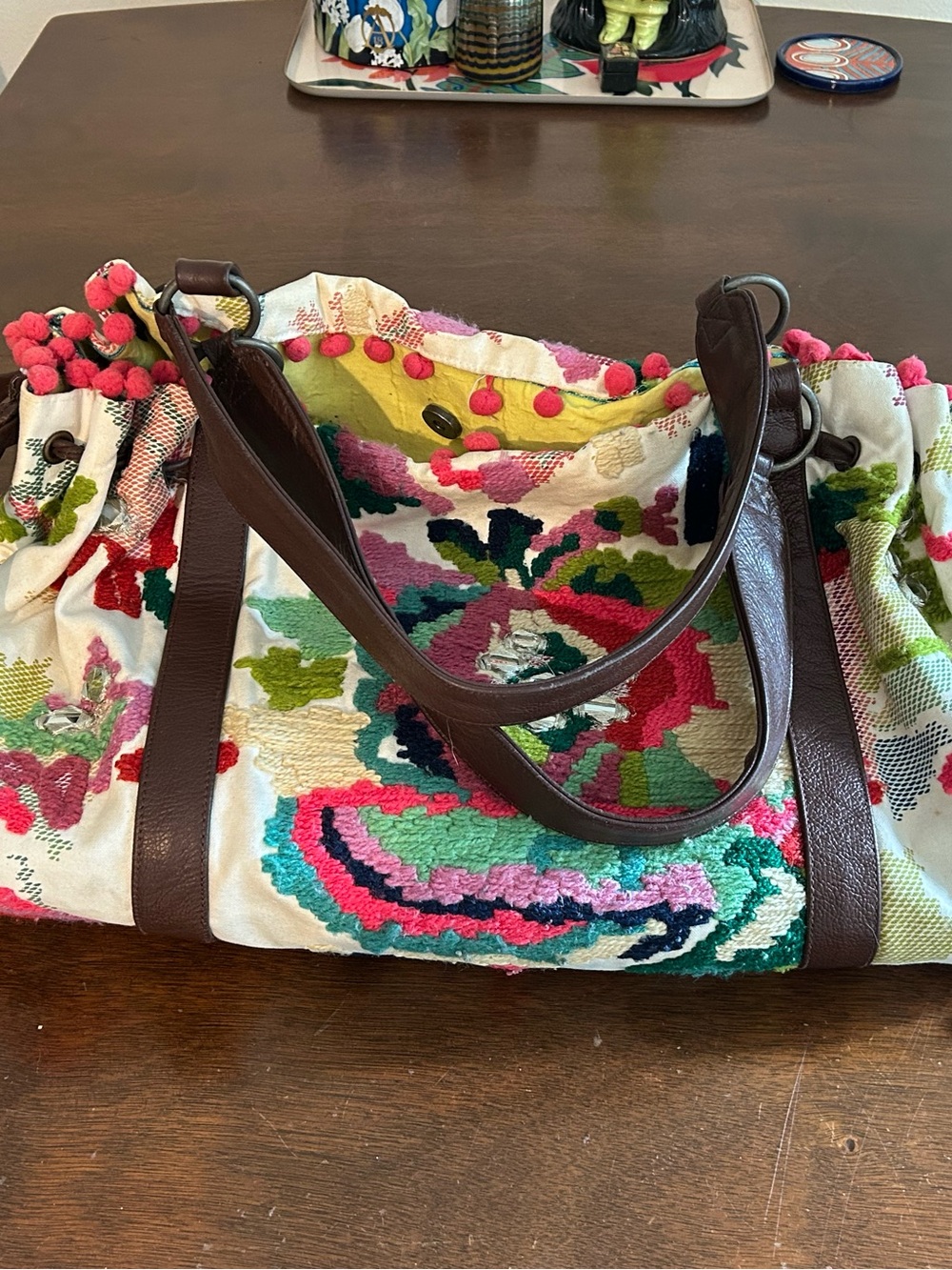 Vintage Anthropologie Floral Multi-Color Canvas Tote,  Brown faux leather Straps